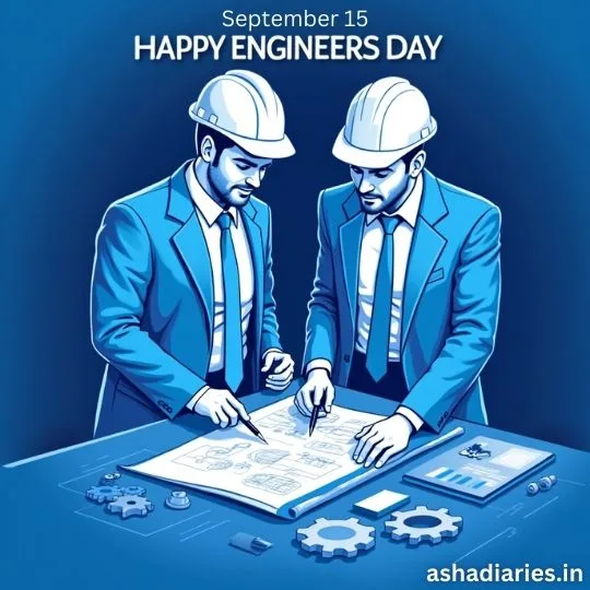 Happy Engineers Day image with two male engineers in helmets discussing blueprints on September 15
