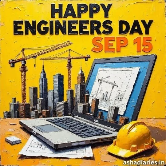Happy Engineers Day September 15 image with laptop, construction cranes, safety helmet, and city skyline