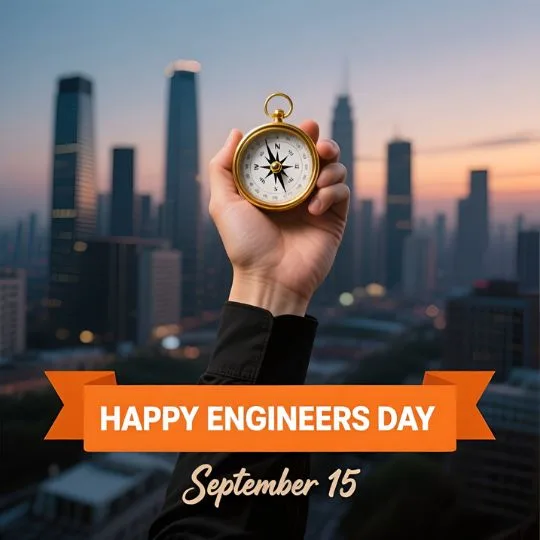 Happy Engineers Day September 15 with hand holding compass against modern city skyline