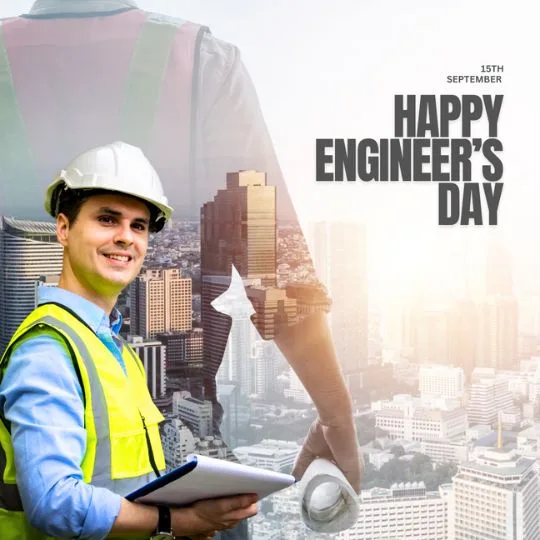 Happy Engineer’s Day 2025 image with smiling engineer holding clipboard, celebrating engineers' contribution to building modern cities on 15th September.
