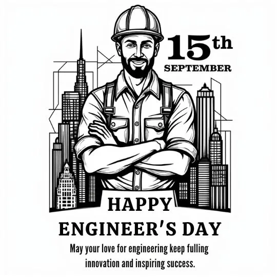Happy Engineer’s Day 15 September illustration of male engineer with city skyline background.