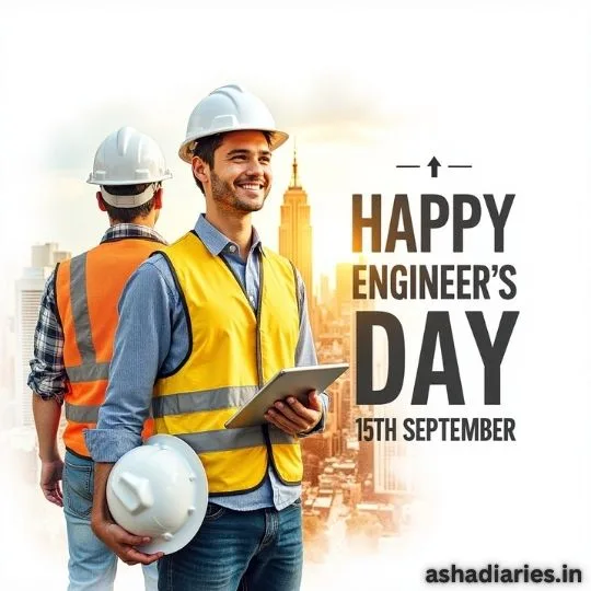 Happy Engineer’s Day 15th September image with smiling engineers in safety gear and city background