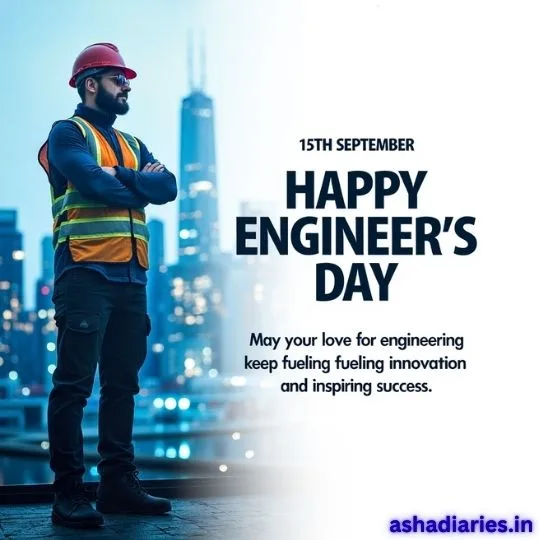 Happy Engineer’s Day image – man engineer in helmet and safety vest standing confidently with city skyscrapers in background, celebrating innovation.