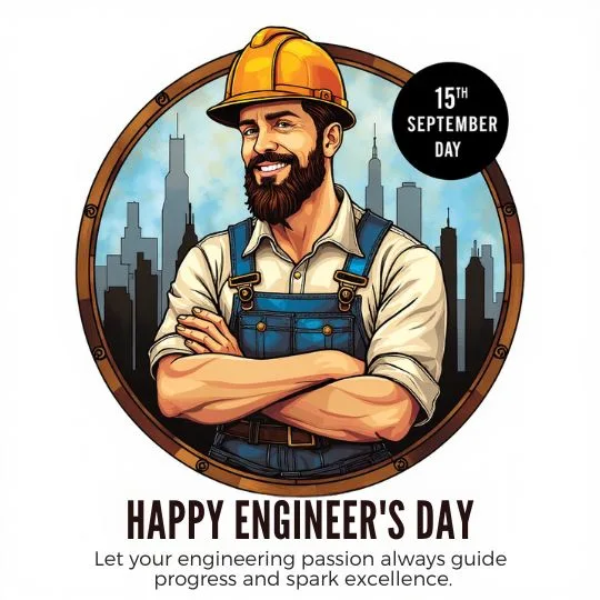 Happy Engineer’s Day illustration of a smiling bearded engineer wearing a yellow helmet and blue overalls with city skyline background, 15th September.