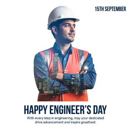 Engineer wearing safety helmet and reflective vest with city skyline overlay – Happy Engineer’s Day 15th September celebration.