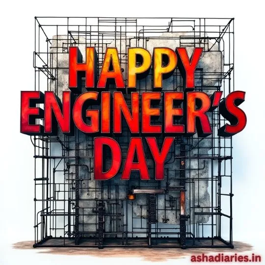 Happy Engineer’s Day greeting with bold 3D text and industrial background, celebrating engineers’ creativity and innovation.