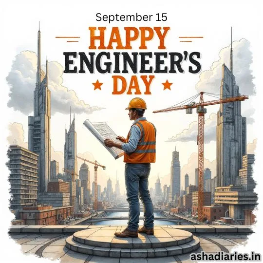 Happy Engineer’s Day September 15 – engineer with blueprint, construction cranes, modern city skyline.