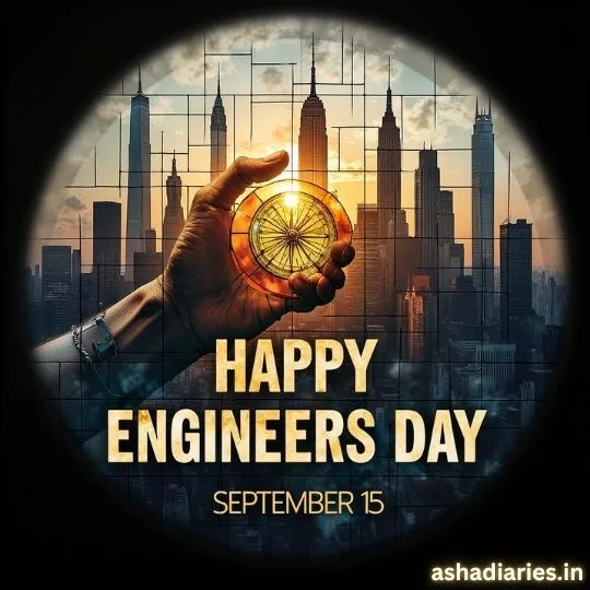 Happy Engineers Day September 15 celebration with compass and city skyline
