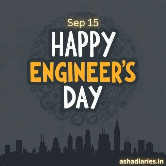 Happy Engineer’s Day wishes image with city skyline and gear design background – Sep 15 Engineers Day celebration poster.