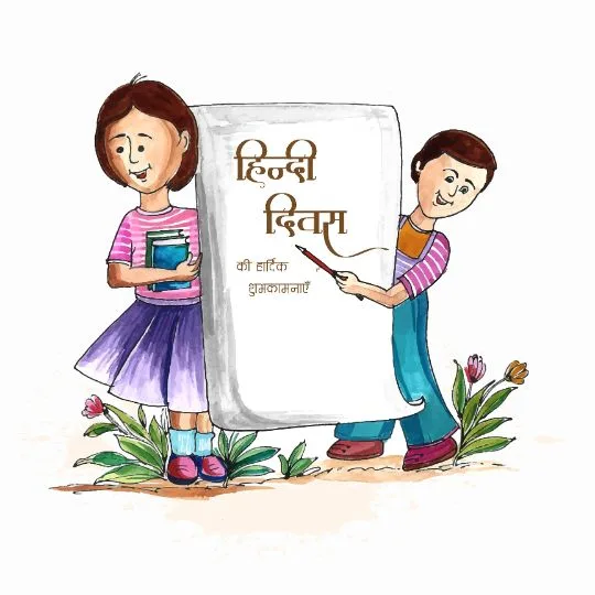 हिंदी दिवस 2025 पर बच्चों द्वारा किताब और पेन के साथ शुभकामनाएं संदेश