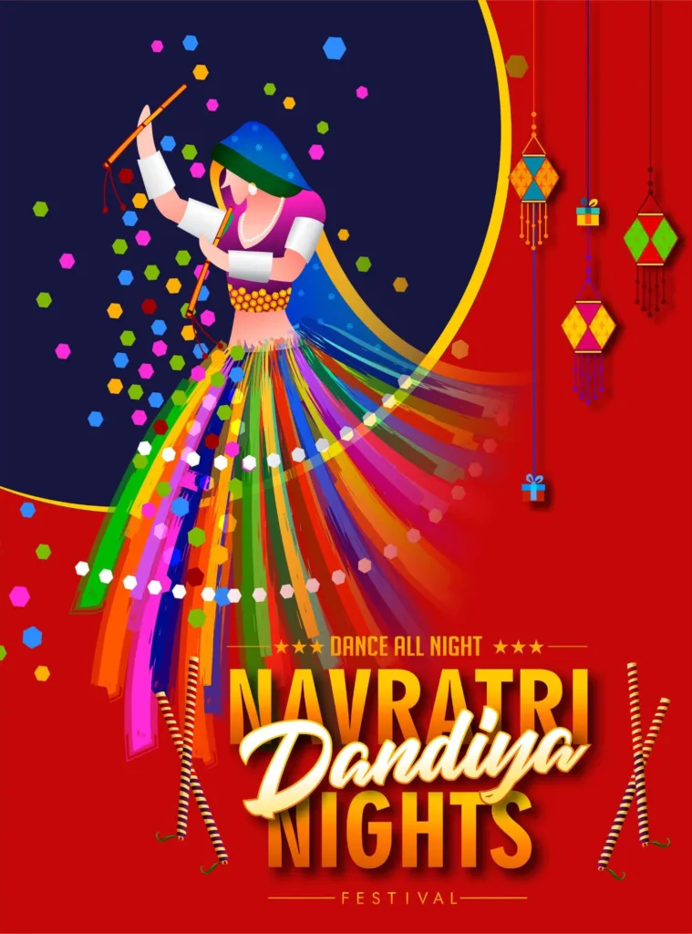 Colorful Navratri Dandiya Nights celebration poster with woman dancing in traditional dress holding dandiya sticks
