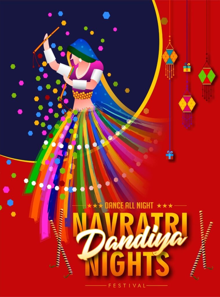 Colorful Navratri Dandiya Nights celebration poster with woman dancing in traditional dress holding dandiya sticks