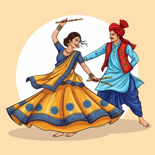 Traditional Indian couple dancing Garba with dandiya sticks during Navratri festival celebration.