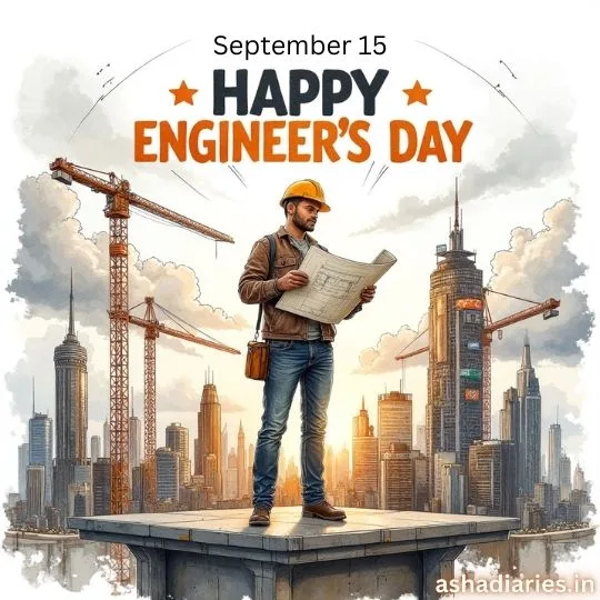 Happy Engineer’s Day 2025 image – engineer with blueprint, construction cranes, and modern city skyline background