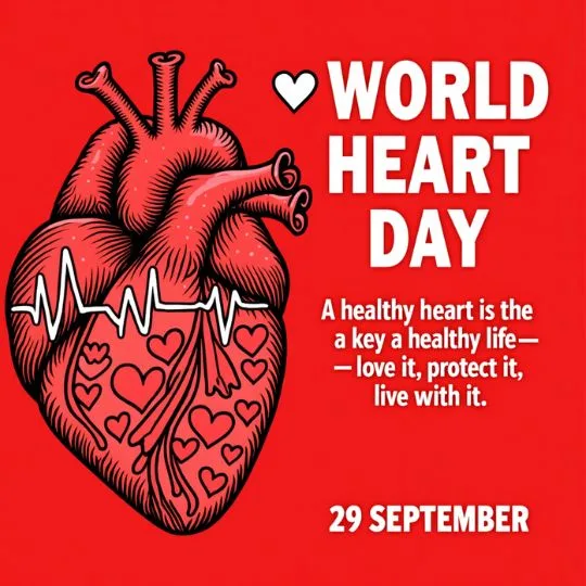 World Heart Day awareness poster with red anatomical heart illustration, heartbeat line, health message and 29 September date