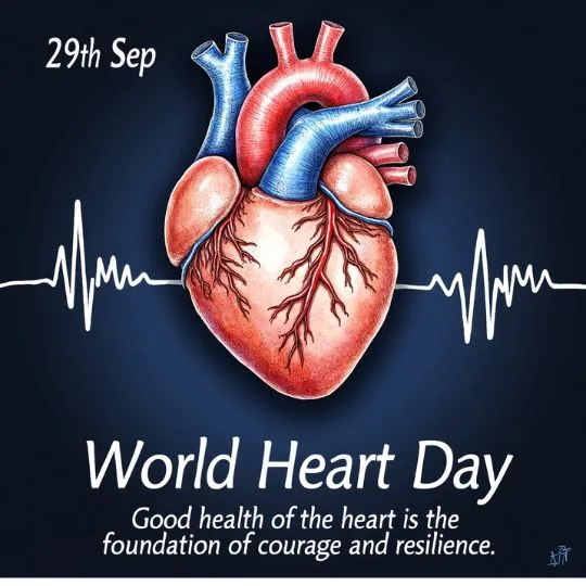World Heart Day 2025 poster with human heart illustration, heartbeat line, and health awareness quote on courage and resilience