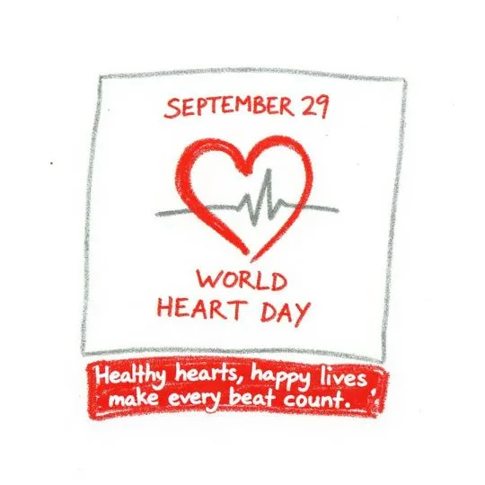 World Heart Day 2025 poster with red heart and heartbeat line, date September 29, promoting heart health awareness.