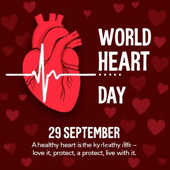 World Heart Day graphic with heartbeat line and 29 September message inspiring heart health and fitness