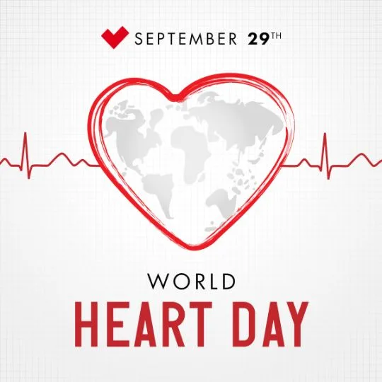 World Heart Day 2025 poster with red heart, ECG line, and globe illustration on September 29