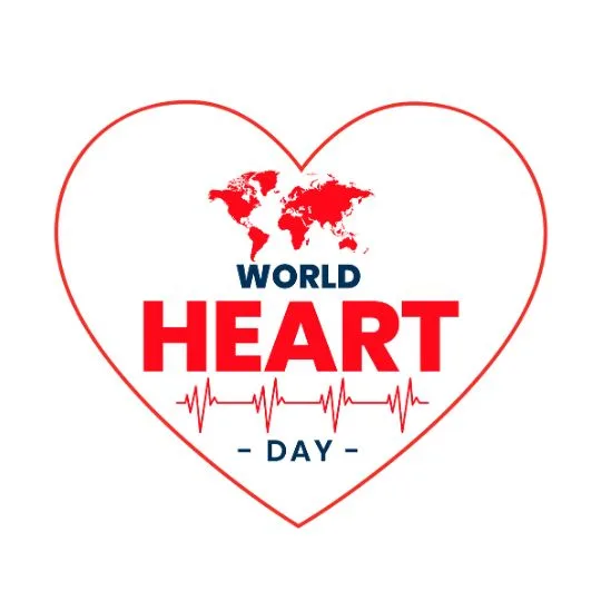 World Heart Day logo with heart shape, red world map, heartbeat line, and awareness message