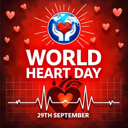World Heart Day 29 September awareness poster with heartbeat line, heart symbol, and globe highlighting global heart health