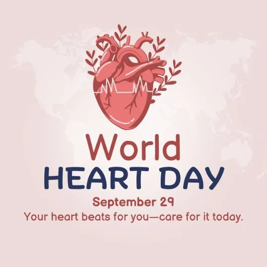An illustration celebrating World Heart Day on September 29, featuring a red anatomical heart with ECG line and leaves against a world map background, urging heart health awareness.