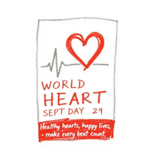 World Heart Day poster with red heart, heartbeat line, and message promoting healthy heart awareness on September 29
