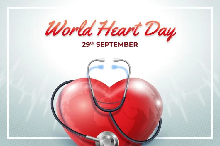 World Heart Day poster with stethoscope on red heart illustration, celebrated on 29th September to promote global heart health and wellness