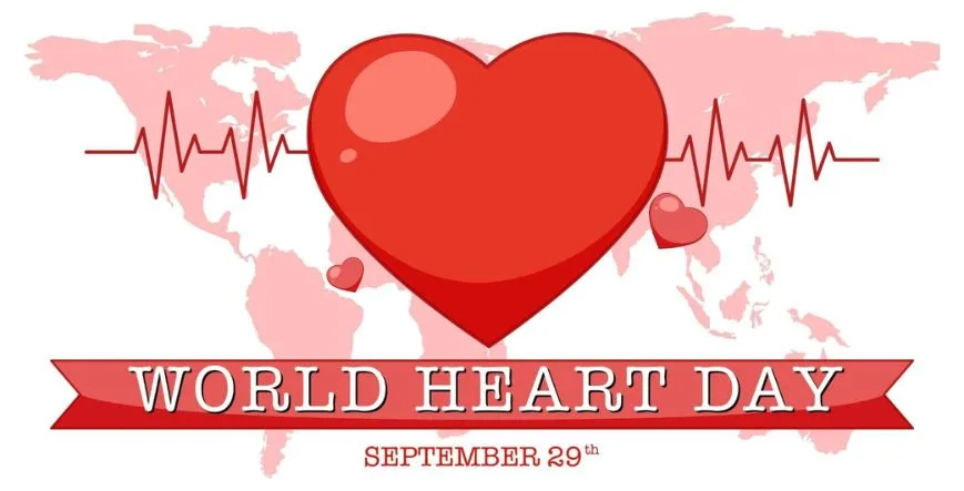 World Heart Day poster with red heart, heartbeat line and global health awareness message, celebrated on September 29