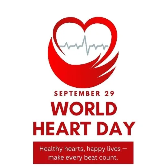 World Heart Day poster with red heart, heartbeat line, and slogan “Healthy hearts, happy lives – make every beat count”