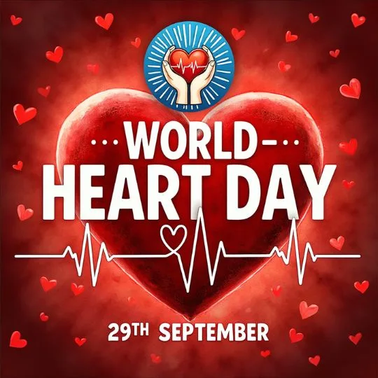 World Heart Day 29th September poster with red heart, ECG line, and awareness message