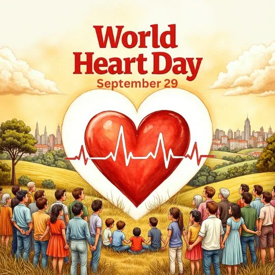 World Heart Day 2025 illustration with big red heart, ECG heartbeat line, people holding hands, and city skyline in background.