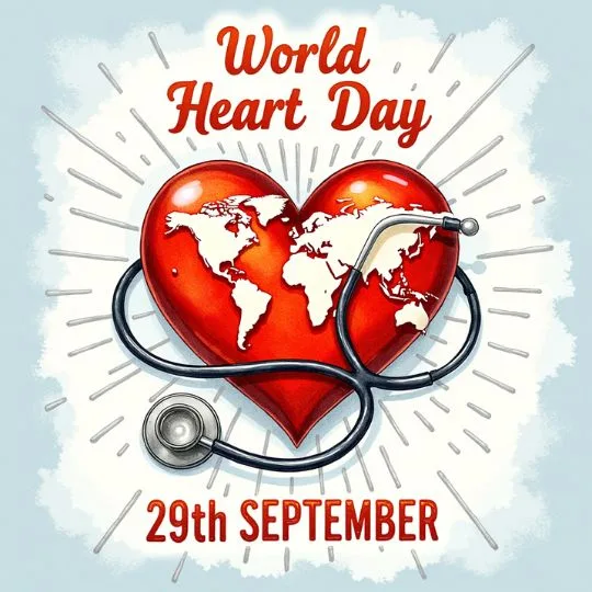 World Heart Day - illustration with red heart globe, stethoscope, and 29 September health celebration