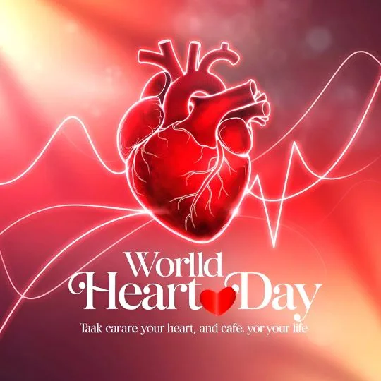 World Heart Day poster with glowing human heart illustration and heartbeat line background