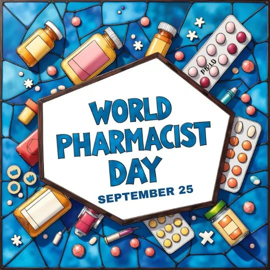 World Pharmacist Day September 25 poster with medicine bottles, tablets, and pills on a blue background celebrating pharmacists’ contribution to healthcare.