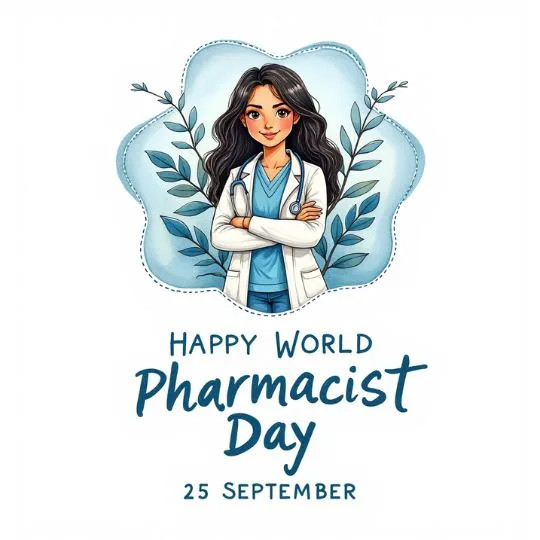 World Pharmacist Day 25 September illustration of a female pharmacist in white coat with stethoscope, celebrating healthcare professionals