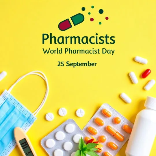 World Pharmacist Day 25 September celebration with medicines, capsules, mask and thermometer on yellow background