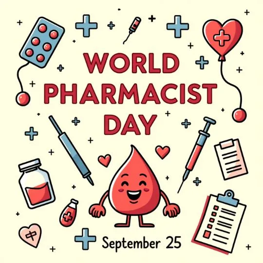 World Pharmacist Day illustration with medicine icons, syringe, clipboard, capsules, and a happy blood drop character celebrating healthcare