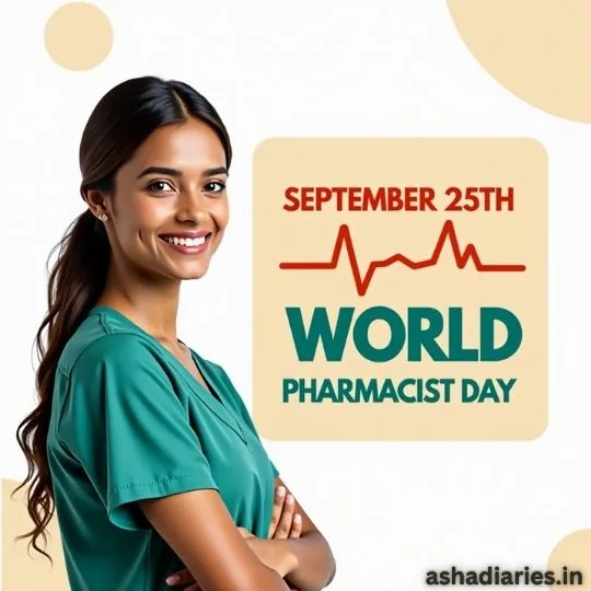 Smiling female pharmacist in green uniform celebrating World Pharmacist Day, September 25th
