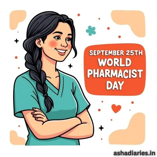 Smiling female pharmacist illustration with folded arms celebrating World Pharmacist Day, September 25th