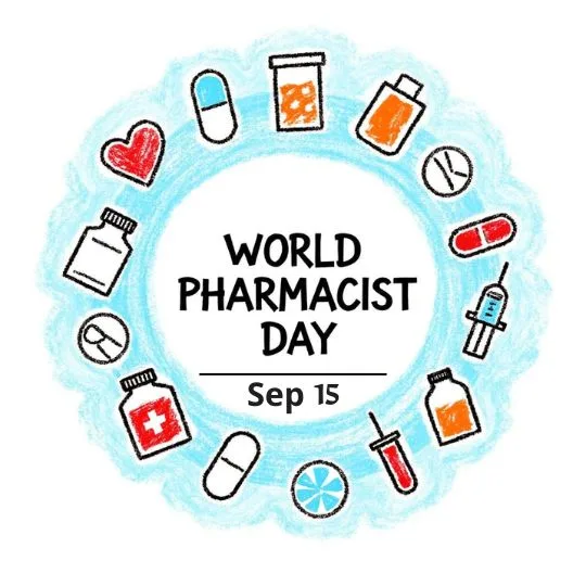 World Pharmacist Day September 15 with medicine icons, capsules, syringe, bottles, and healthcare symbols around a blue circle.