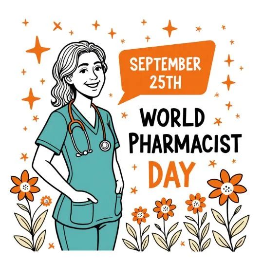 World Pharmacist Day illustration with smiling healthcare professional in scrubs, stethoscope, flowers, and text "September 25th – World Pharmacist Day."
