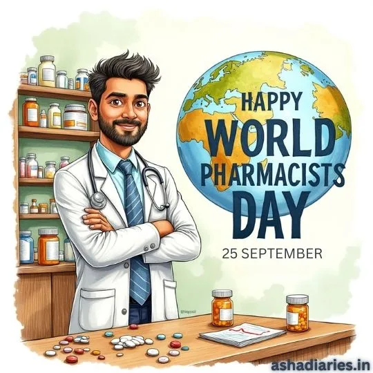 Happy World Pharmacists Day 2025 illustration of a smiling pharmacist with medicines and globe background