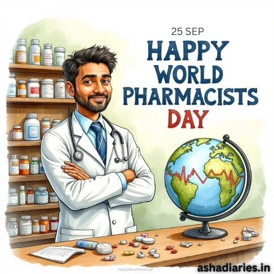 Pharmacist illustration with medicines, globe, and stethoscope celebrating World Pharmacists Day on 25 September