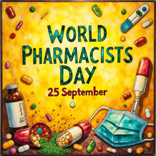 World Pharmacists Day 25 September poster with medicines, capsules, mask, thermometer and healthcare items for awareness and celebration