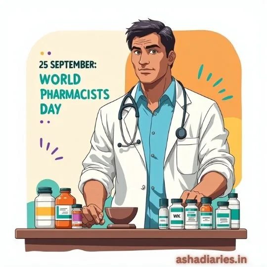 Illustration of a pharmacist in white coat with medicines and stethoscope celebrating World Pharmacists Day on 25 September
