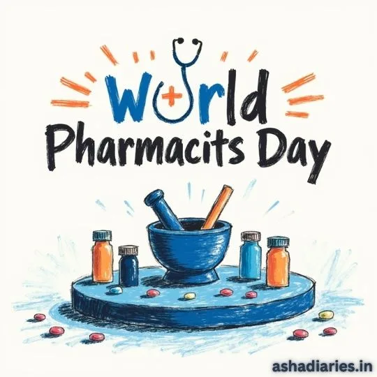 World Pharmacists Day illustration with stethoscope, medicine bottles, mortar and pestle, and colorful tablets