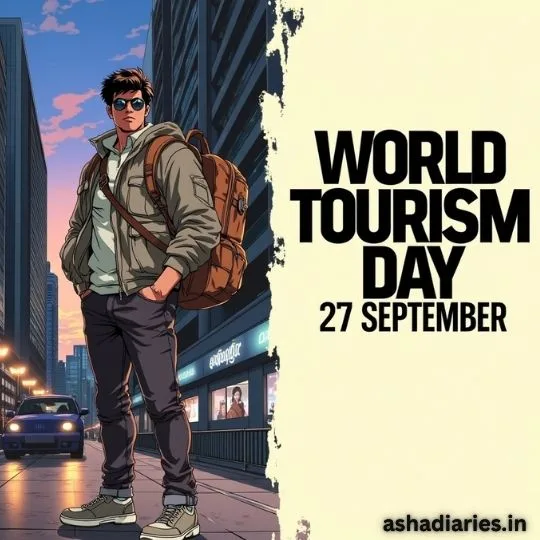 World Tourism Day 27 September poster with a stylish traveler carrying backpack standing in city street at sunset