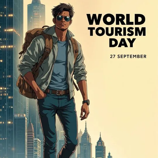 World Tourism Day poster with stylish traveler wearing backpack and sunglasses, standing in city skyline background, celebrating global tourism on 27 September.