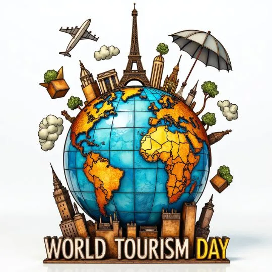 World Tourism Day illustration with globe, famous monuments, airplane, and travel icons celebrating global tourism.